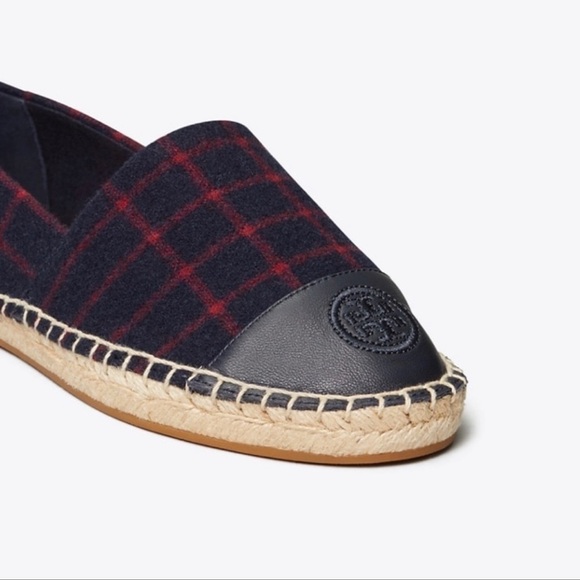 Tory Burch Shoe Espadrille Flat Plaid Check Wool Leather Holiday Blue Red 7.5 - Picture 2 of 13